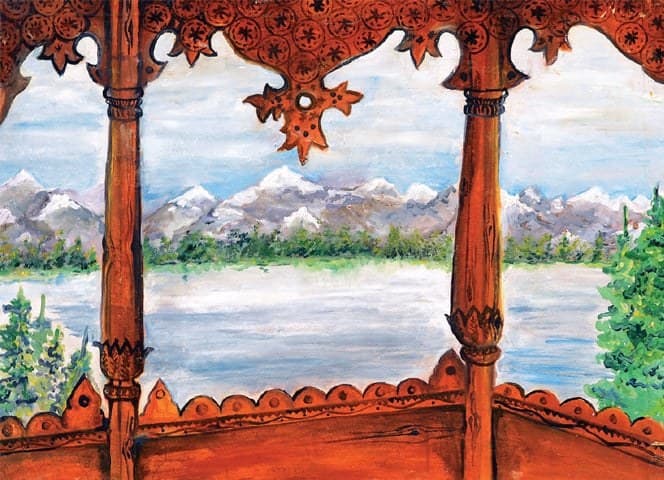 A painted view between two carved red columns onto a lake and snow-capped mountains.