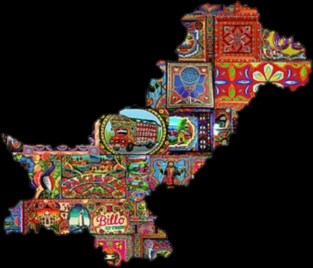 A map of Pakistan filled with painted truck-art panels in red, blue and gold.