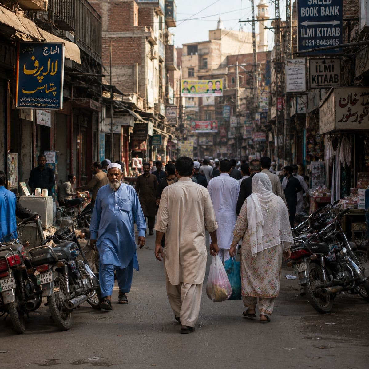 A narrow lane crowded with pedestrians and motorcycles, hung with layered bookshop signboards.