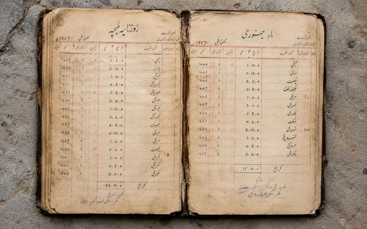 An open register showing two hand-ruled pages of Urdu entries and columns of figures.