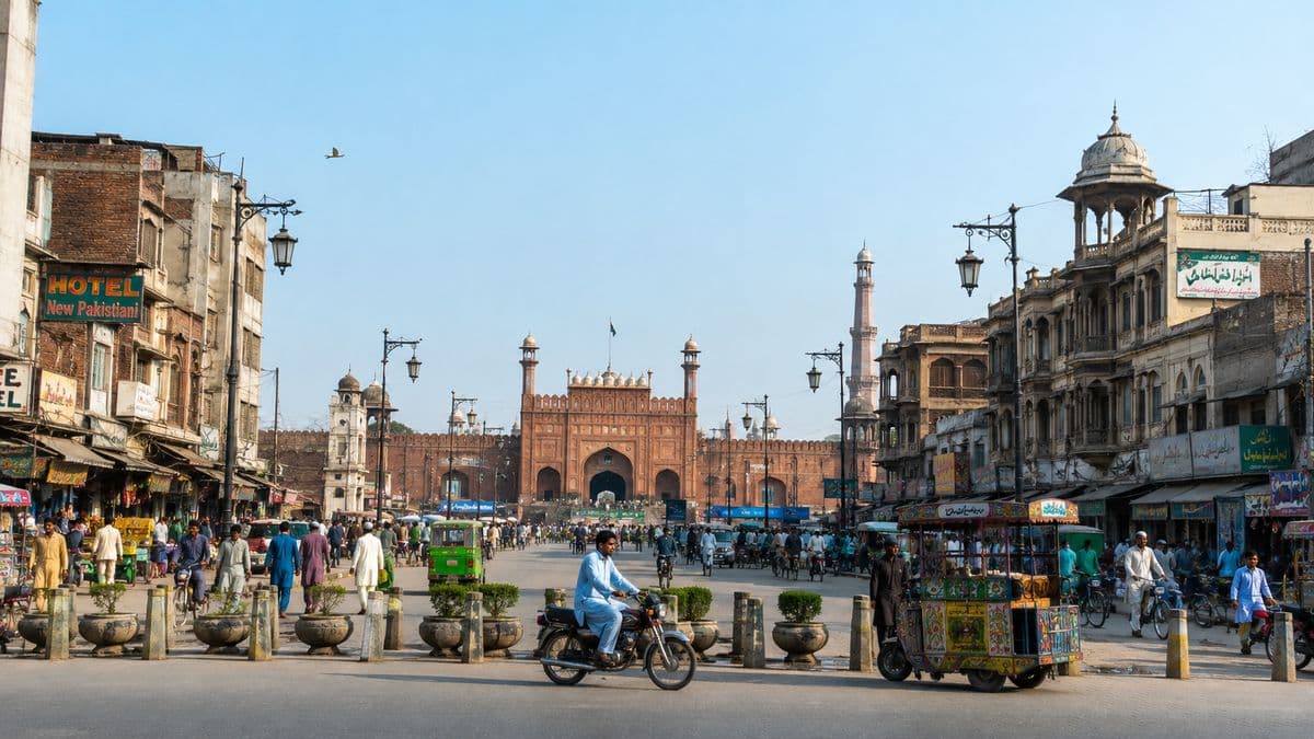 A wide street lined with shopfronts and awnings, with a large mosque visible at the far end.