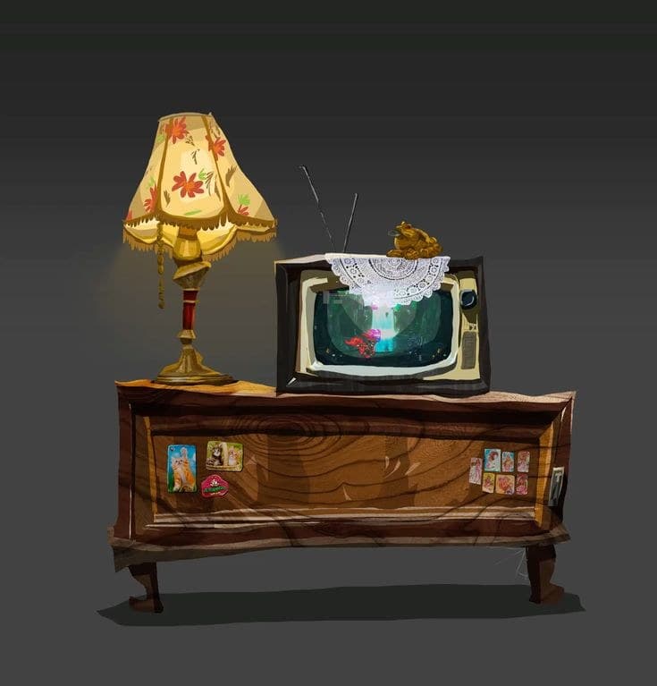An illustrated television set on a carved wooden cabinet, lit by a fringed table lamp.