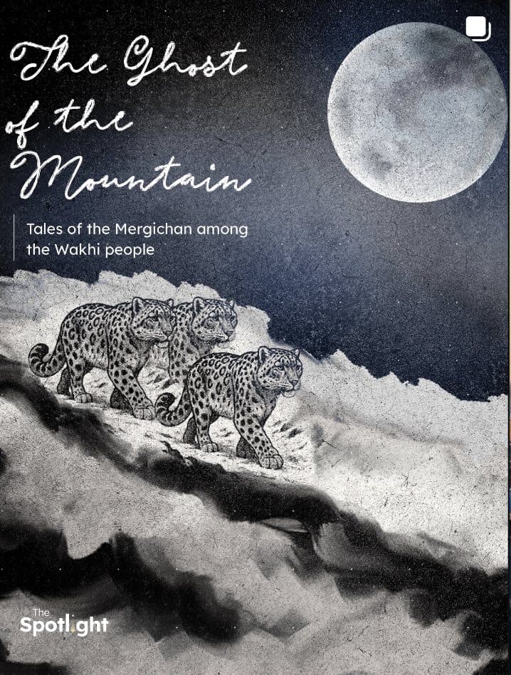 An illustration of two snow leopards crossing a moonlit ridge, captioned 'The Ghost of the Mountain'.
