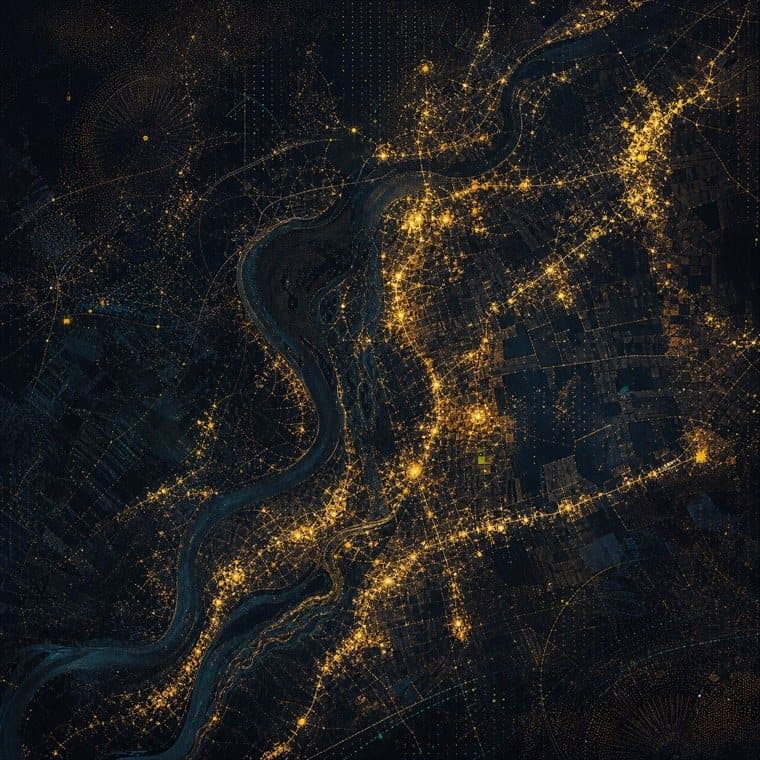 A night-time satellite-style image showing a dense network of settlement lights along river and road corridors.