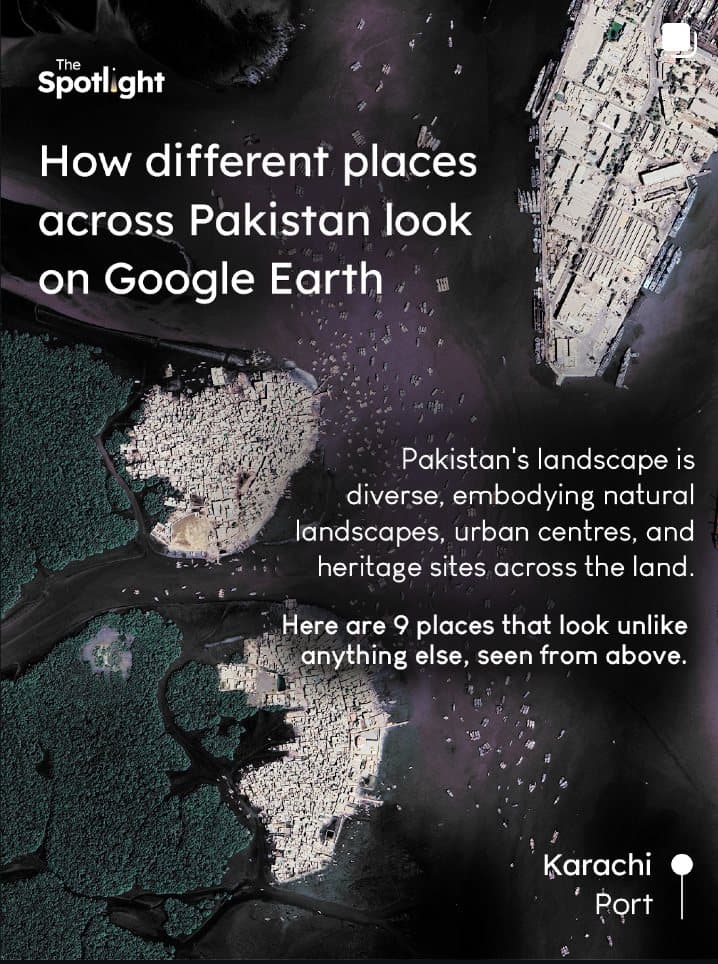 A satellite-style view of a coastline and port, captioned 'How different places across Pakistan look on Google Earth'.