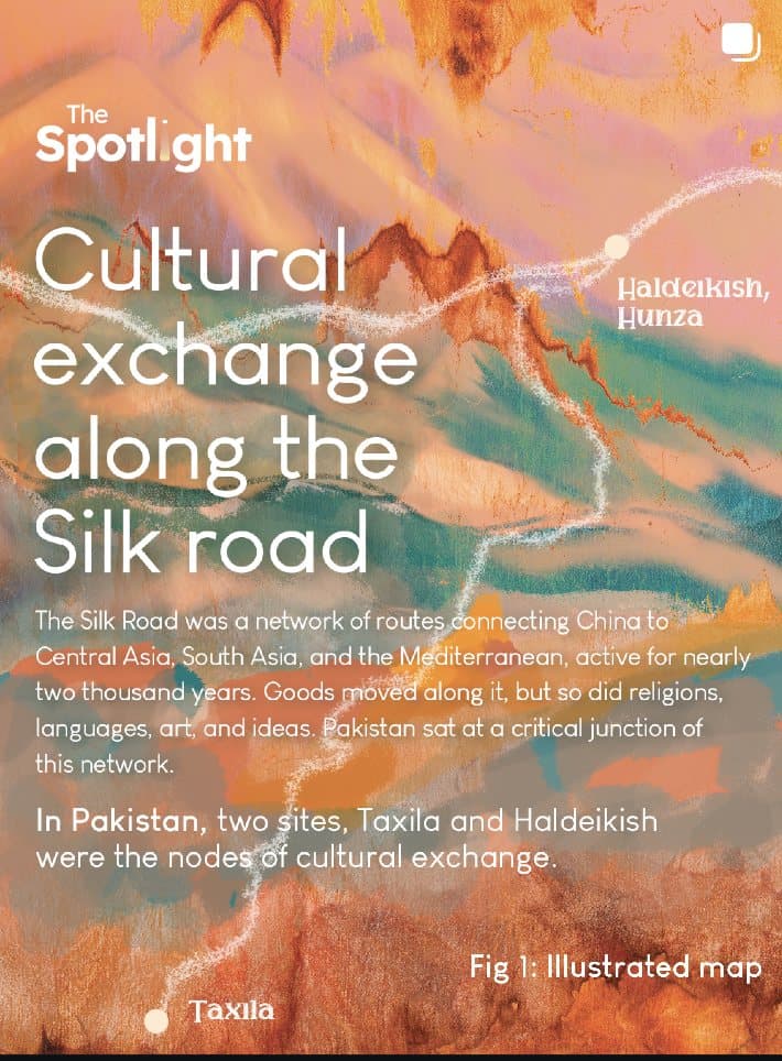 An illustrated map of Silk Road routes across mountain terrain, captioned 'Cultural exchange along the Silk road'.