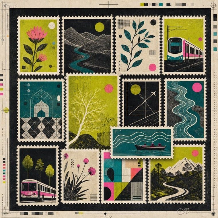An illustrated sheet of imagined stamps showing plants, trains, mountains and geometric motifs.